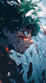 Profile view of stylized male figure amid fragmented shards