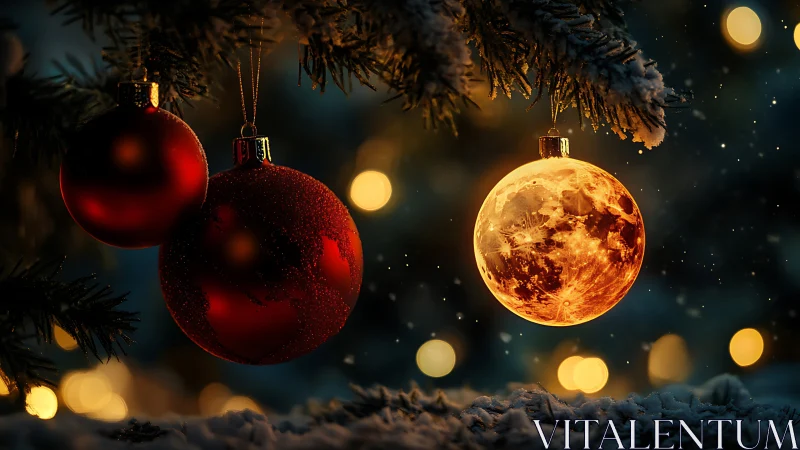 Moon ornament glows among red baubles on snowy fir.