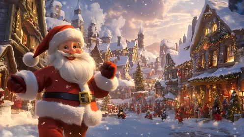 Digital painting of festive Santa in illuminated winter village.