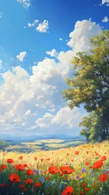 Wildflower meadow with distant hills under summer clouds.