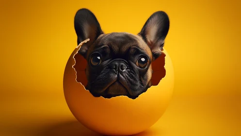 French bulldog head rendered inside fractured egg shell