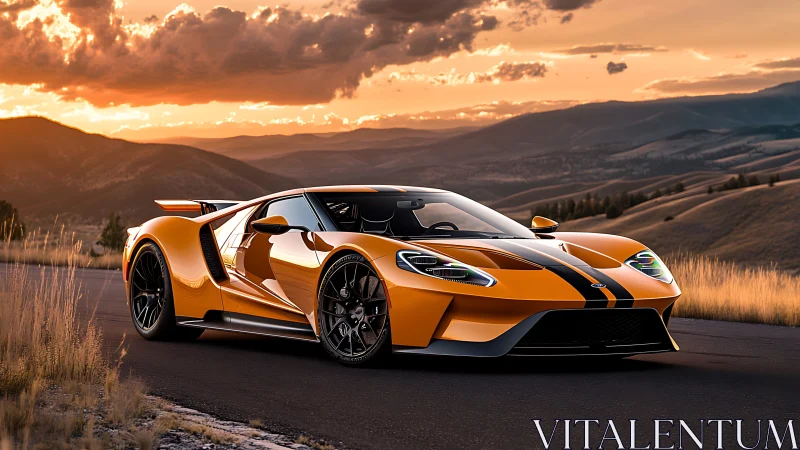 Aerodynamic orange supercar in sunset mountain roadway scene.