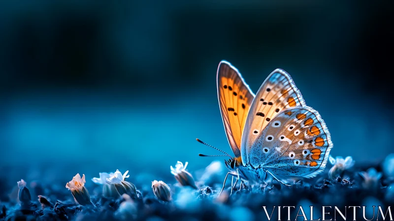 Butterfly rests on ground cover with selective macro focus