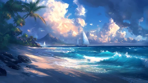 Tropical shoreline with vivid surf and luminous sailing yachts.