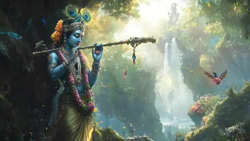 Blue flute-bearer serenades a luminous waterfall jungle.