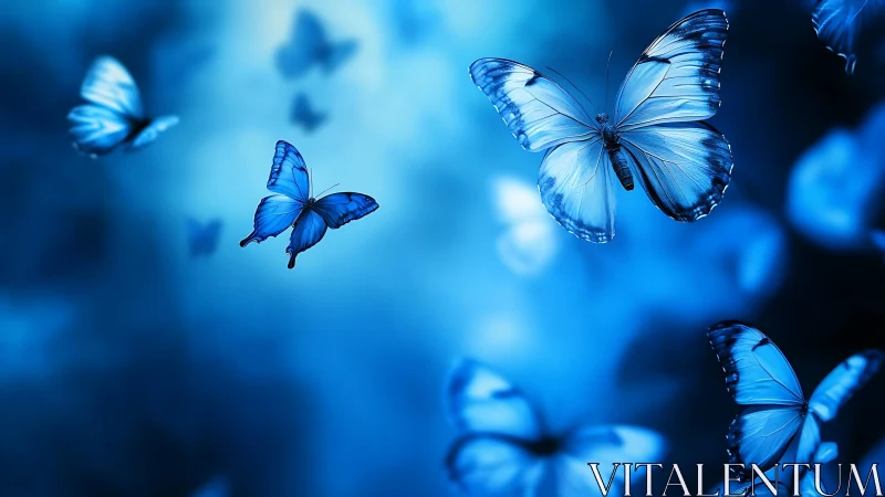 Bioluminescent blue butterflies drift across a blurred azure field