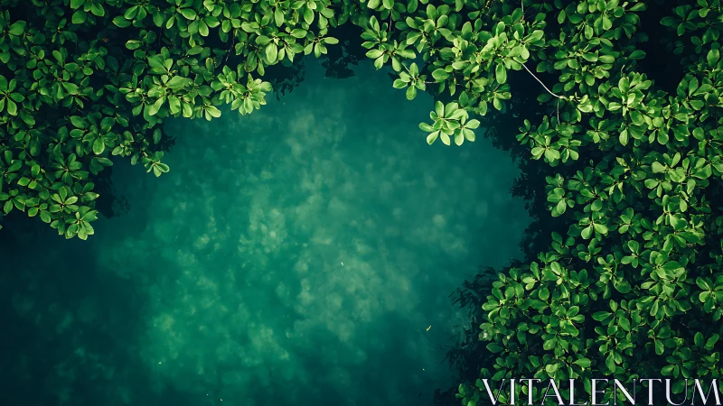 Aerial foliage ring framing tranquil emerald water basin.
