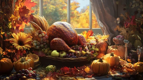 Roasted turkey centerpiece with autumn harvest produce display.