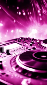 Neon magenta DJ deck with dynamic light-trail bokeh focus.