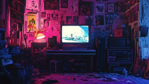 Neon-lit retro media room isolates CRT display amid cluttered walls