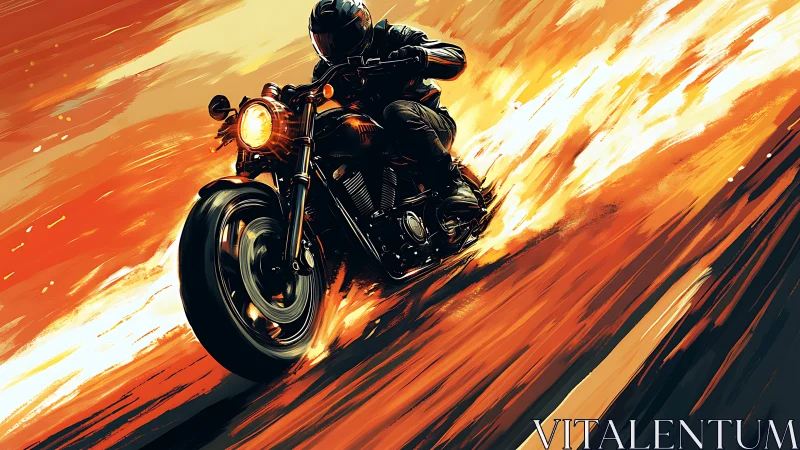 Motorcyclist rides through streaking orange light trail.