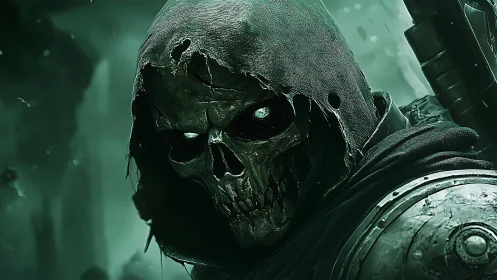 Necrotic recon trooper with corroded skull mask in fogged ruins.