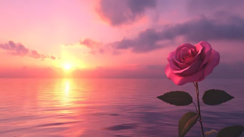 Pink rose glows beside tranquil ocean sunset horizon.