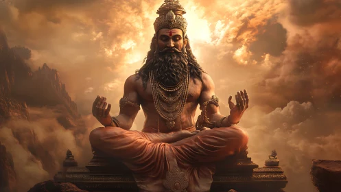 Mythic yogi statue in golden atmospheric mountain clouds