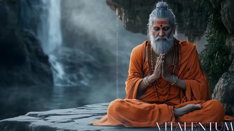 Elderly ascetic sits cross‑legged in orange robes by waterfall