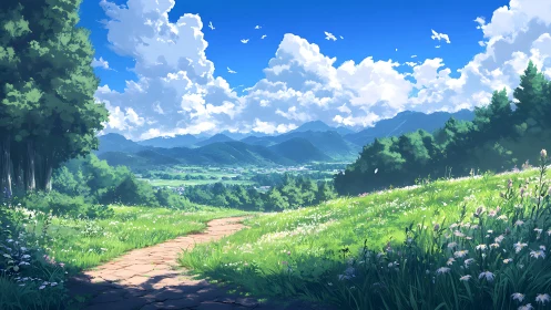 Sunlit country path wanders through peaceful green valley