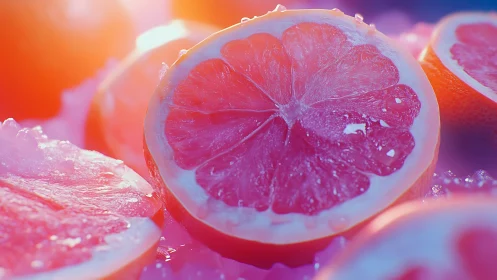Grapefruit slices glow in dreamy pink and orange light.