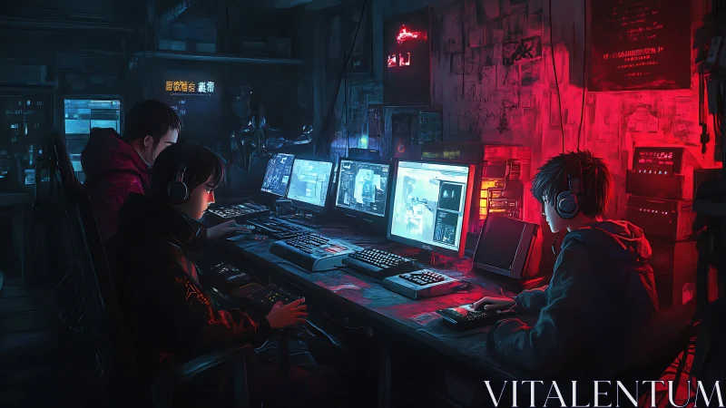 Three youths at multi-monitor workstations in neon room.