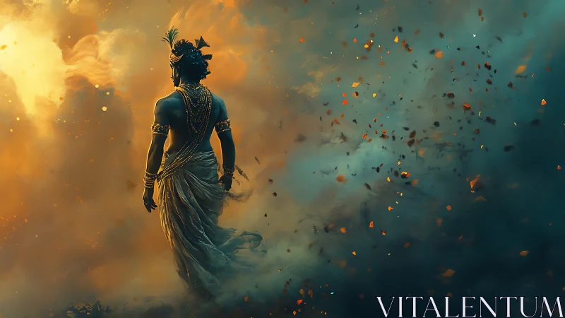Divine blue figure walking through swirling golden smoke.