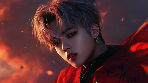 Cinematic digital portrait of silver-haired youth in ember glow