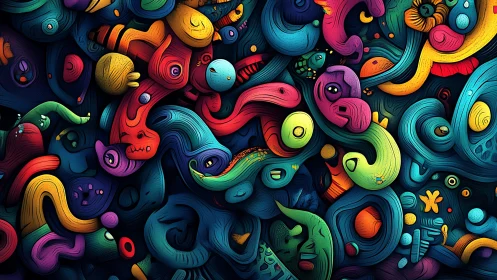 Layered abstract shapes in dense colorful composition.