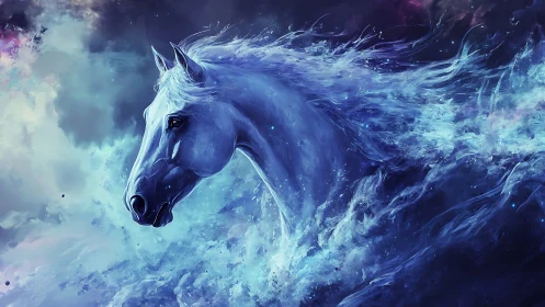 Ethereal blue horse emerges from swirling cosmic mist.