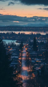 Residential street and lake at dusk with distant mountains.