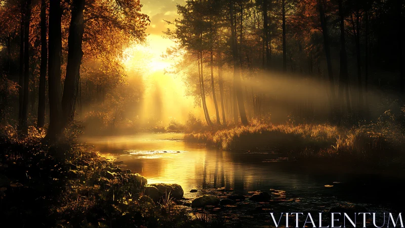 Golden sunrise drifting through a quiet forest river.