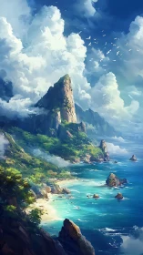 Majestic Coastal Tower Rises Through Clouds and Ocean