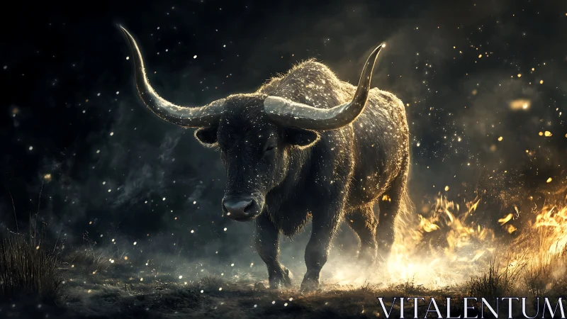 Powerful horned buffalo strides through glowing embers at dusk.
