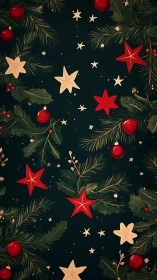 Christmas foliage pattern shows stars, berries and pine branches