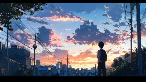 Boy with backpack stands under power lines at sunset sky