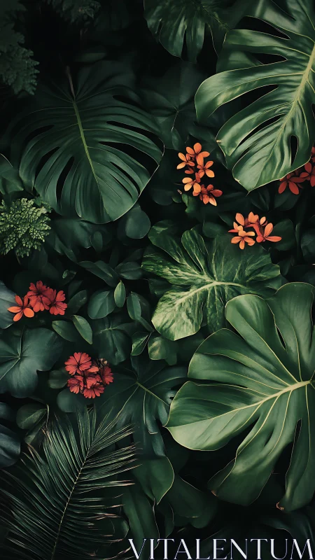 Dark tropical foliage with large leaves and red flowers.