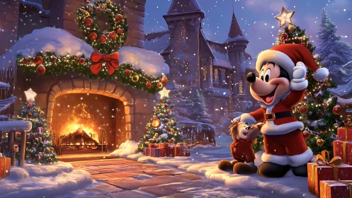 Snowy Christmas courtyard with joyful cartoon friends.