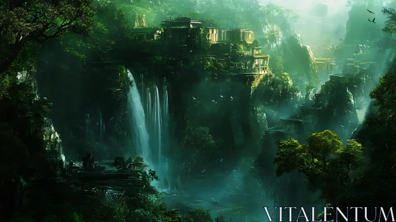 Hidden jungle waterfalls cradle a glowing ancient cliff city