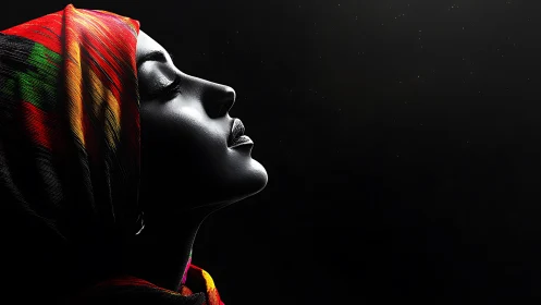 Profile portrait with vibrant headscarf in deep shadow.