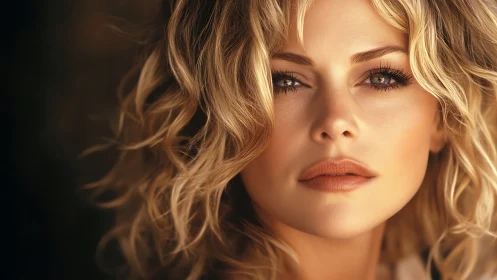 Soft-lit close-up portrait of blonde woman in warm tones.