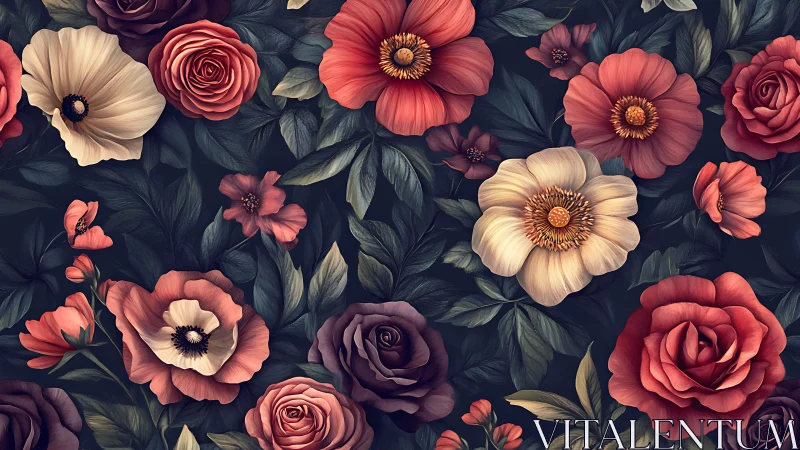 Botanical Digital Floral Composition with Roses, Cosmos and Dahlias. Dark Background.