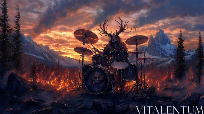 Stag-headed drummer summoning firestorm in alpine dusk.
