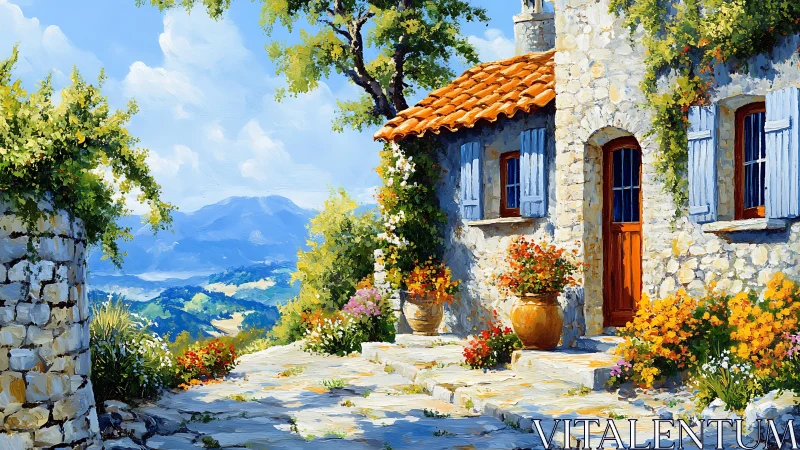 Stone countryside house courtyard with distant mountain range.