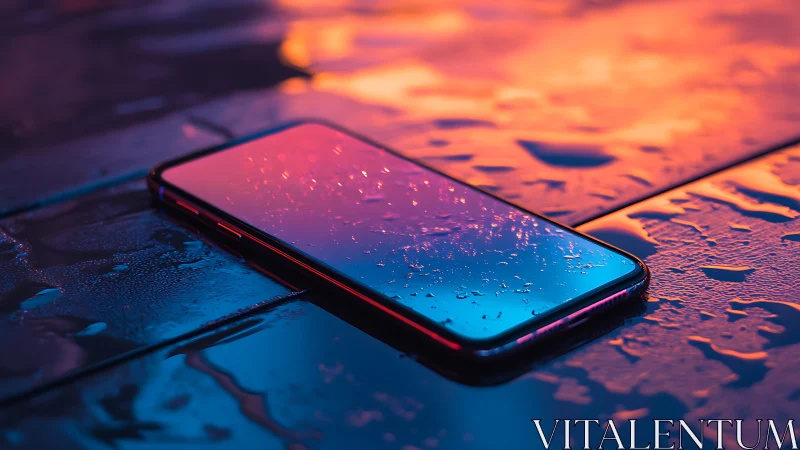 Neon rainlit smartphone dreaming on electric city tiles.