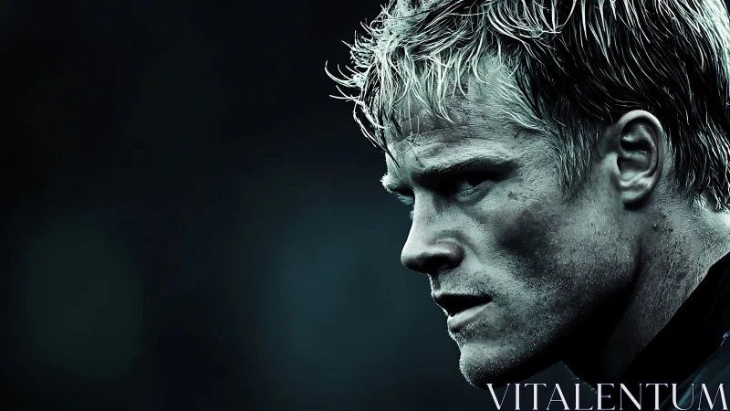 Intense closeup of determined blond man in profile view.