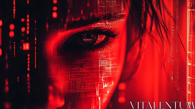 Cybernetic female eye in intense red digital matrix