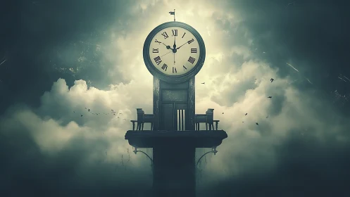 Suspended clock tower terrace pierces fog with desaturated atmospheric depth