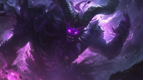Horned void demon erupts in a storm of violet energy