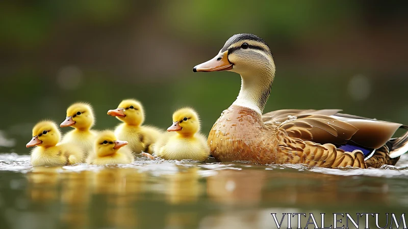 Mother duck guides fluffy ducklings across a calm pond