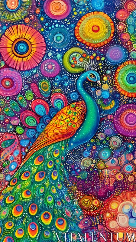 Radiant peacock glowing amid swirling rainbow galaxies.