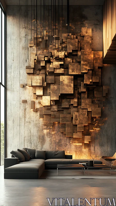 Modern loft lounge with dramatic golden wall sculpture.
