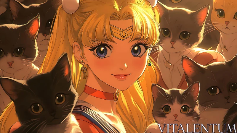 Golden-Haired Girl Surrounded by Loving Cats.