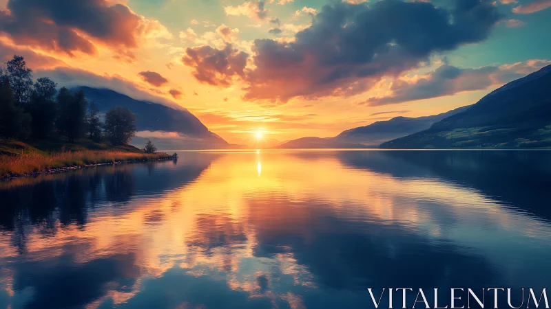 Sunset glow over quiet mountain lake and mirrored clouds.